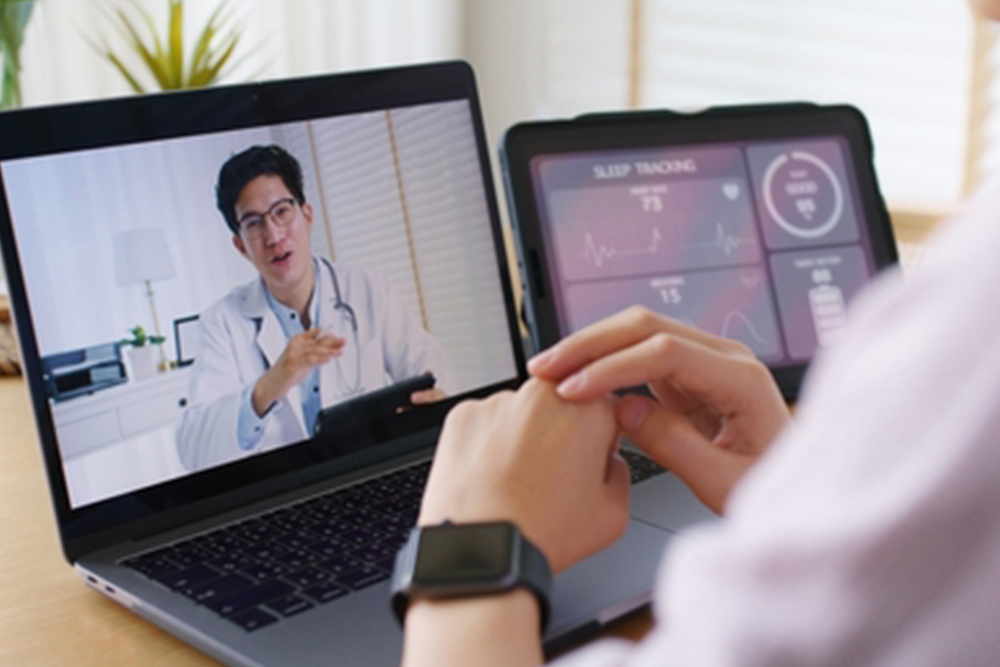 Asia people young woman video call talk chat help guide online at home by AI tele consult telehealth telemedicine app clinic in IoT device collect ECG data heart pulse sleep rate on cloud computing.